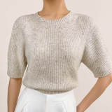Pale Golden Rod Short Sleeve Ribbed Knit Wool-Blend Sweater