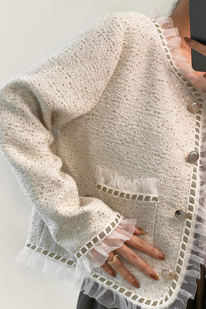 Ivory Sequin-Embellished Ruffled Tweed Jacket