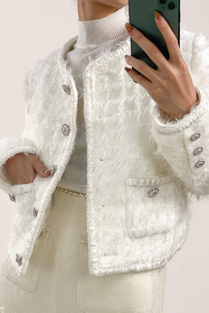 White Frayed Pocket Detail Round Neck Button-Up Tweed Jacket