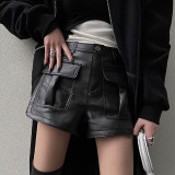 YOLOAgain 2022 New Real Leather Shorts Women Shorts All-match Wide Leg Short Ladies Leather Shorts Autumn Winter