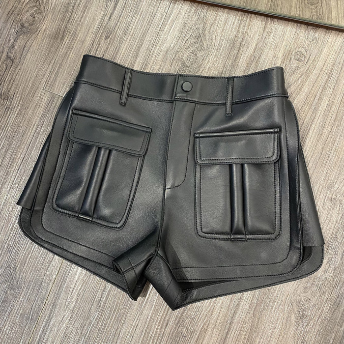 YOLOAgain 2022 New Real Leather Shorts Women Shorts All-match Wide Leg Short Ladies Leather Shorts Autumn Winter