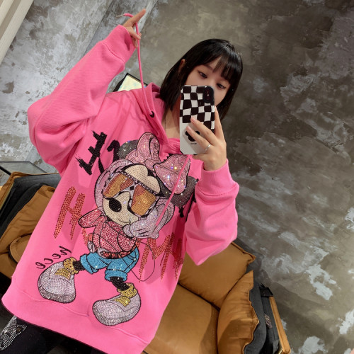 Luxury Sparkling Diamond Cute Age Reducing Women Hooded Pullover Top Pink Sweatshirt Oversize Mid-long Trendy Cotton Hoodies