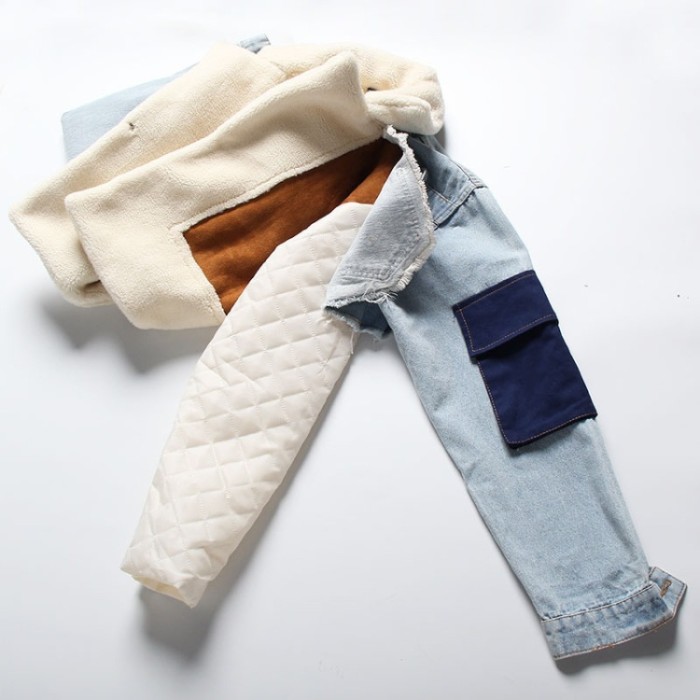 New lamb wool lining and fleece denim patchwork short machine jacket 2 colors