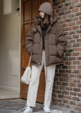 Outdoor windproof warm zipper button hooded bread down jacket 2 colors
