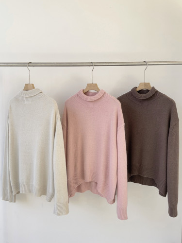 Solid color turtleneck loose wool knit style pullover long sleeve sweater woman