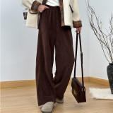 Brown vintage corduroy knit casual wide-leg pants for women autumn winter