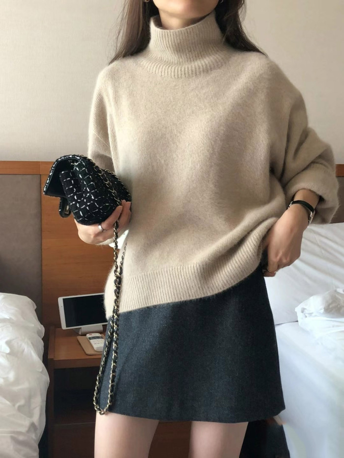 Solid color turtleneck loose wool knit style pullover long sleeve sweater woman