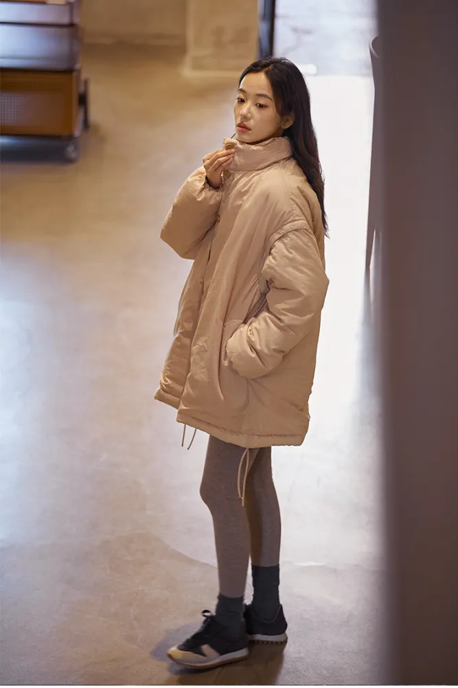 New winter nude pink cotton mid-length loose down jacket with removable sleeves