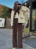 Brown vintage corduroy knit casual wide-leg pants for women autumn winter