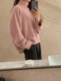 Solid color turtleneck loose wool knit style pullover long sleeve sweater woman