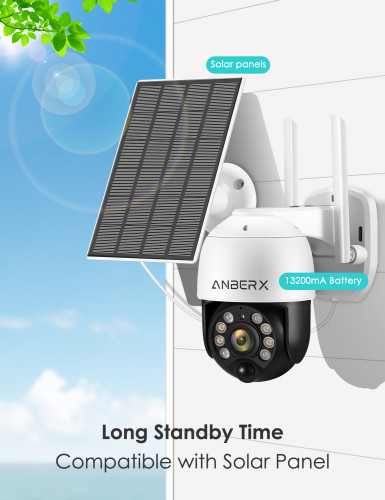 Solar Security Cameras Wireless Outdoor,ANBERX 2K 3MP Solar Camera with Wireless Security Camera System,PIR Motion Detection,2-Way Audio,Night Vision,IP66 Waterproof WiFi Camera for Home Security