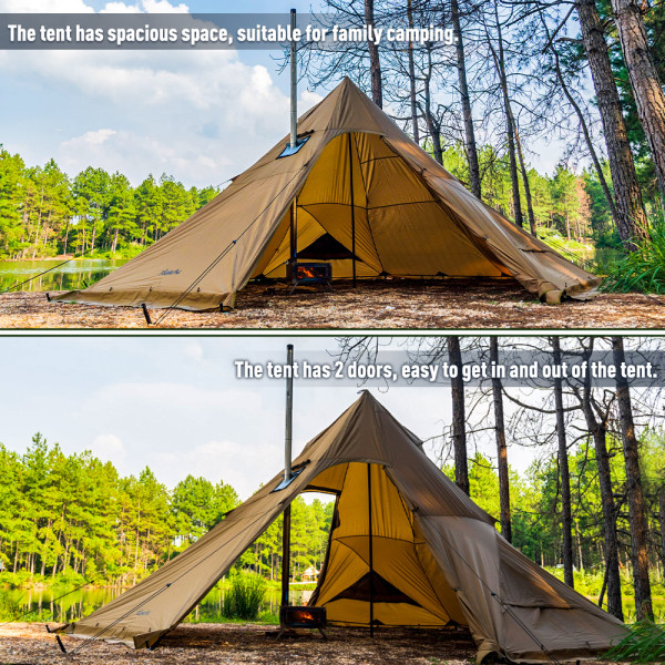 Hot tent camping with 4-8 person tipi tent with stove jack