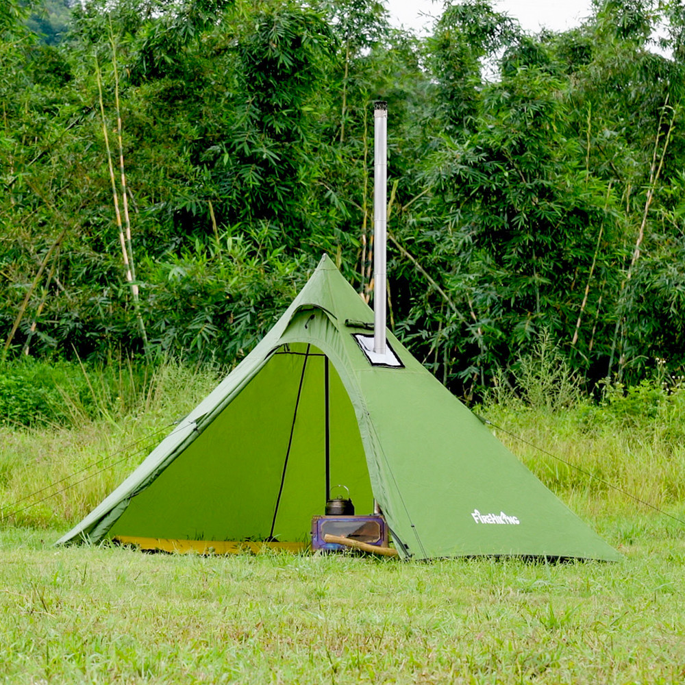 Camping hot tent with a tent stove, wood burning stove for cooking and keep warm overnight