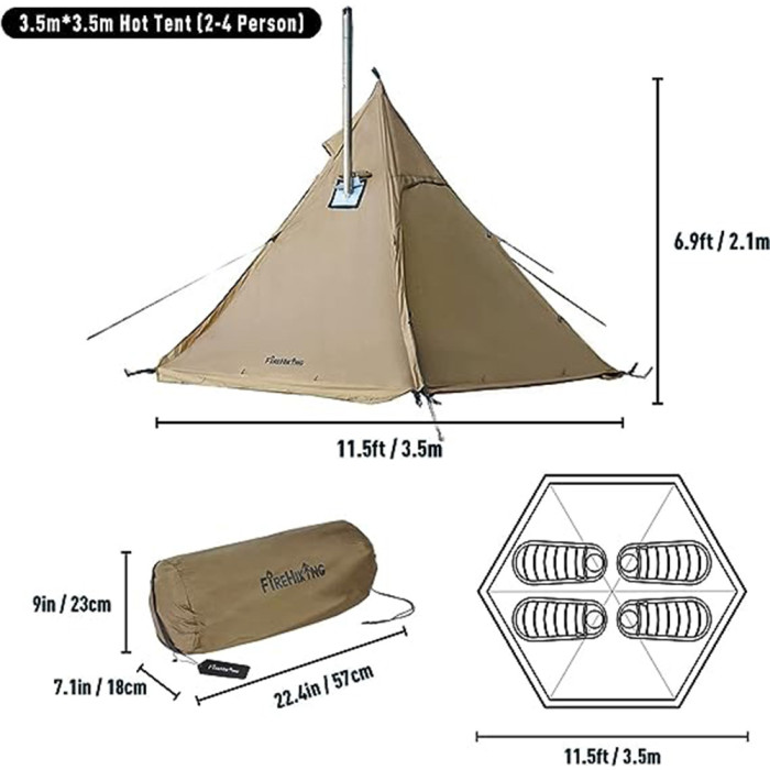 FireHiking LEVA Hot Tent 2-4 Persons Waterproof Teepee Tent with Stove Hole and Half Inner Mesh