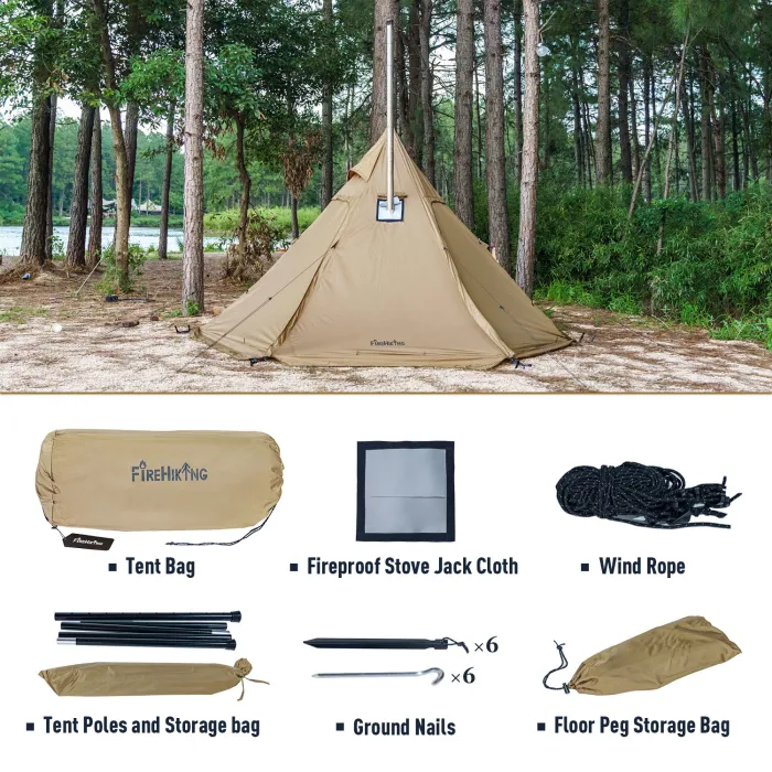 FireHiking LEVA Hot Tent 2-4 Persons Waterproof Teepee Tent with Stove Hole and Half Inner Mesh