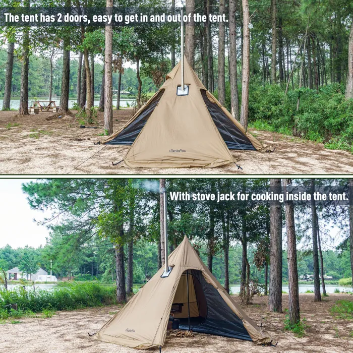 FireHiking LEVA Hot Tent 2-4 Persons Waterproof Teepee Tent with Stove Hole and Half Inner Mesh