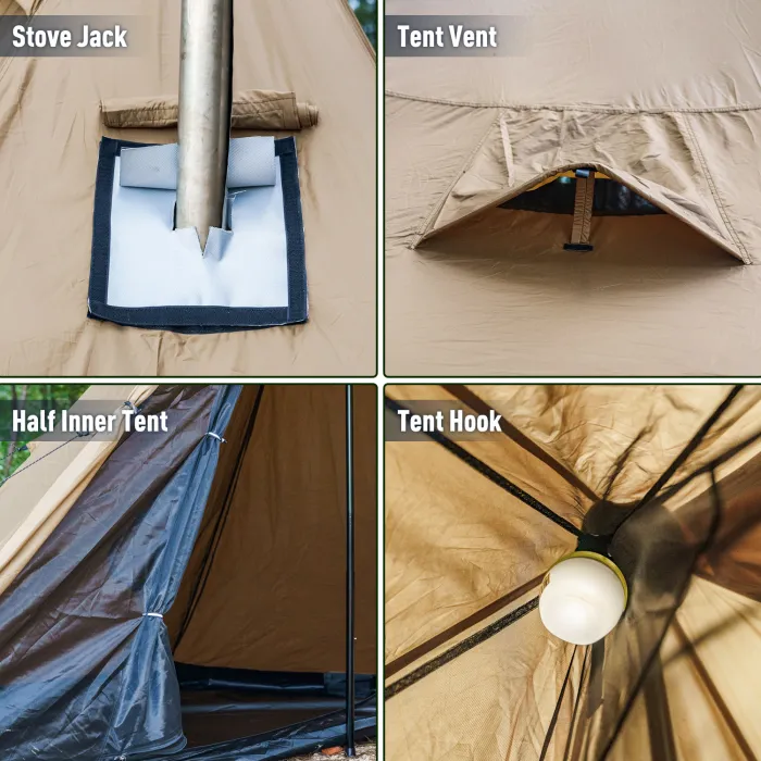 FireHiking LEVA Hot Tent 2-4 Persons Waterproof Teepee Tent with Stove Hole and Half Inner Mesh