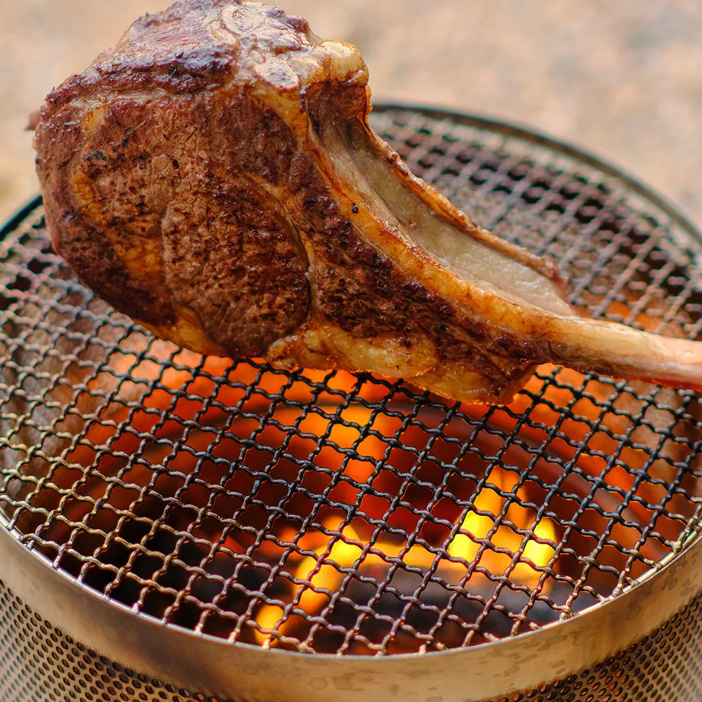 Camping Firepit with mesh layer for cooking and bbq, cooking steak