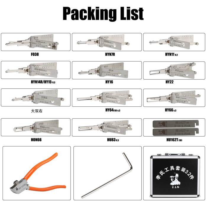Original Lishi tool box set full lishi 2 in 1 Auto Pick and Decoder 32pcs kits with free lishi key cutter