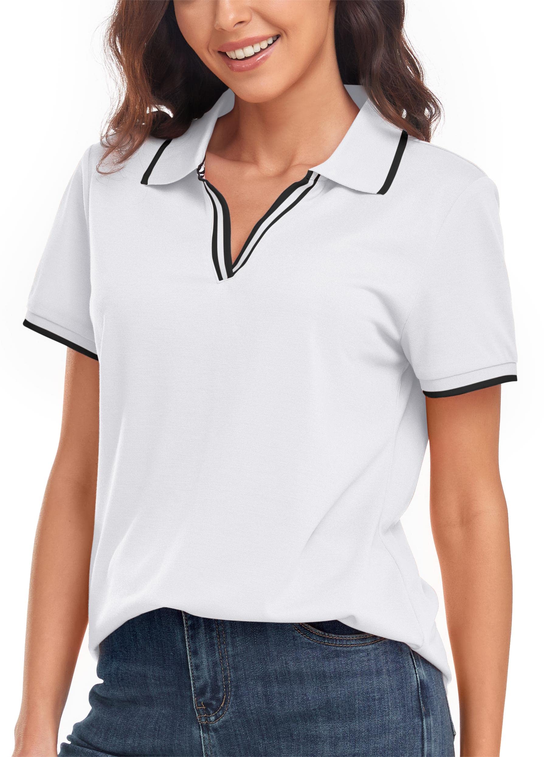 Summer Golf Polo Jersey for Women Casual Sport Dry Fit Lapel Short-Sleeve  Ventilated Slim Stretch T-Shirt (Color : White, Size : X-Large)