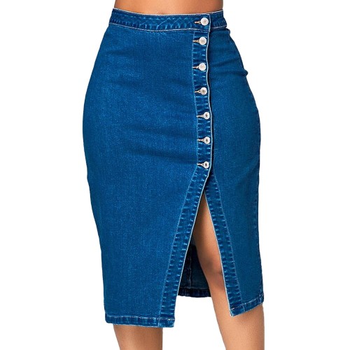 Women Fashion Denim Pencil Skirt High Waisted Blow Knee Button Blue Jeans Skirts