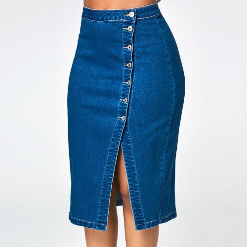 Women Fashion Denim Pencil Skirt High Waisted Blow Knee Button Blue Jeans Skirts