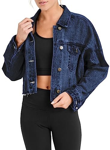 Women's Jean Jackets Distresse Oversized Stretch Button Up Cropped Denim Jacket Trucker Coats