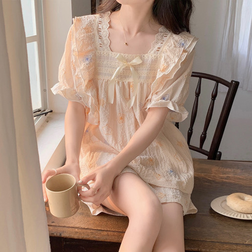 Cotton Pajamas Women's Summer Short-sleeved Shorts Sweet Lace Cute Stars Square Neck Home Clothes Two-piece Set