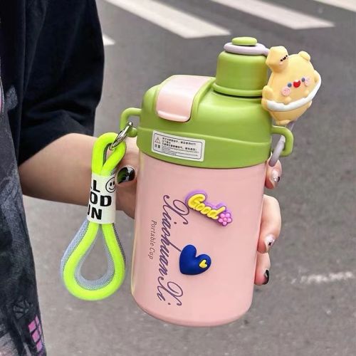 Straw Thermos Cup Girls' Double Drinking Cup Coffee Cup Portable Accompaniment Cup Cold-keeping Cup