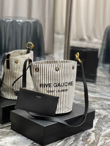 YSL Rive Gauche Bucket Bag In Striped Canvas And Leather
