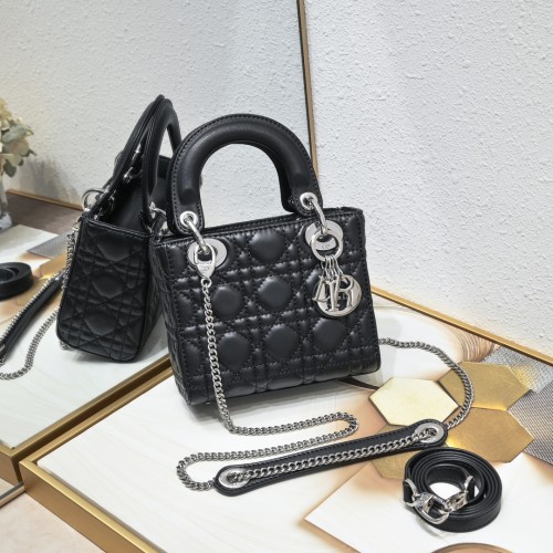 Mini Lady Dior Bag Black Silver Sheepskin 2077 LM051 17cm