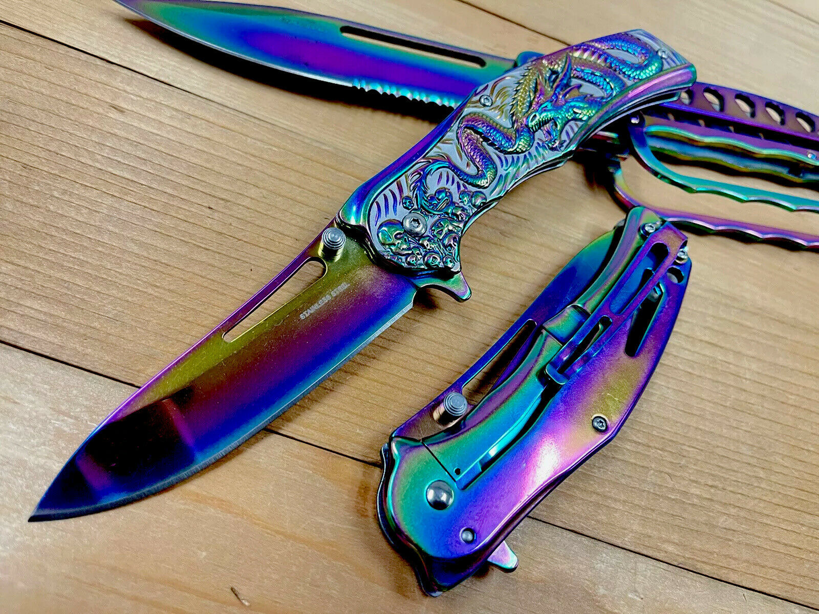US$ 30.95 - 8.75” Luxury Spring Assisted Pocket Knife 3D Dragon Ball Fiery  Hunting Tactical Rainbow - www.city9inc.com