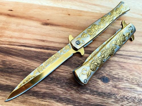 GOLD MILANO Stiletto Blade Wood Handle Assisted Open KNIFE Switch Assisted  FAST