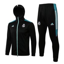 Mens Real Madrid Hoodie Jacket + Pants Training Suit Black - Light Blue 2021/22