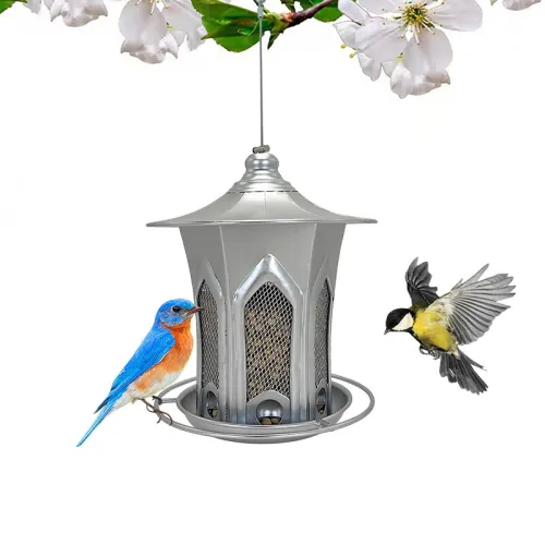 Hexagonal Church Metal Siliver Happy Bird Food Feeder for Outdoor Hanging