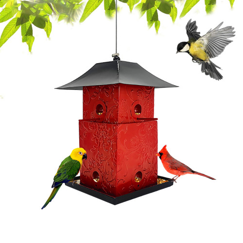 Red Metal Bird House Food Feeder for Hanging Garden Outdoor