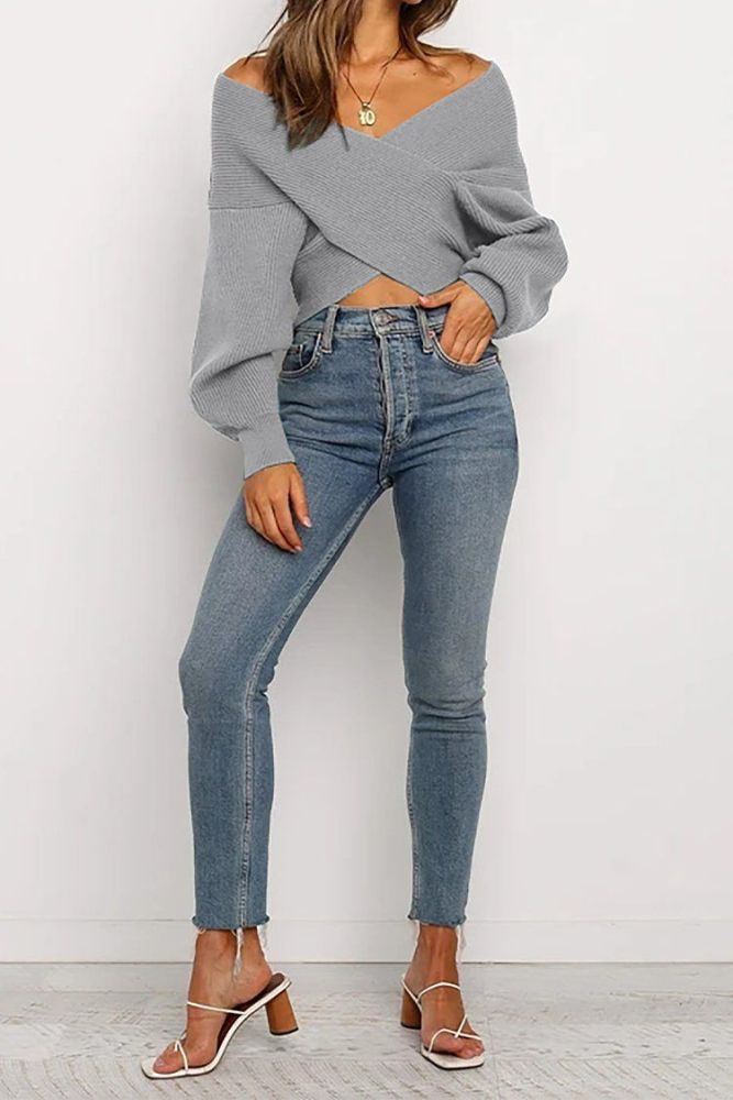 Women's V Neck Off Shoulder Oversized Sweater