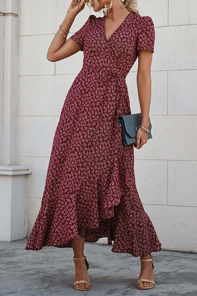 Floral V Neck Short Sleeve Long Dresses