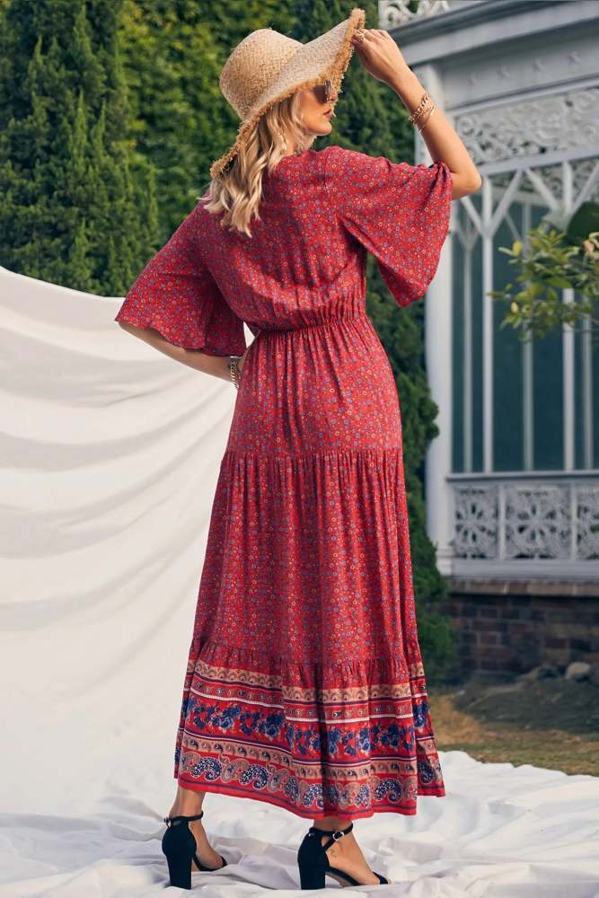 V Neck Summer Boho High Waist Maxi Dresses