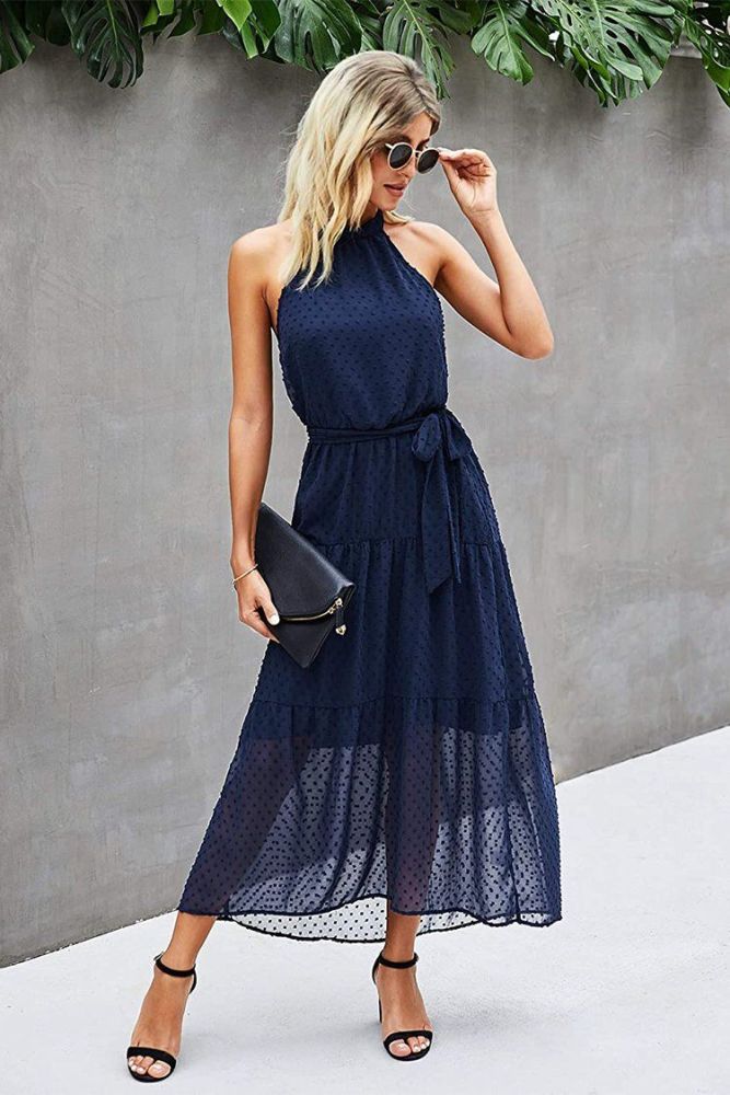 Halter Neck Sleeveless Elegant Polka Dot Backless Long Maxi Dress With Belt