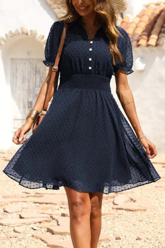 V Neck Swiss Dots Elastic Waist A-line Flowy Short Dress