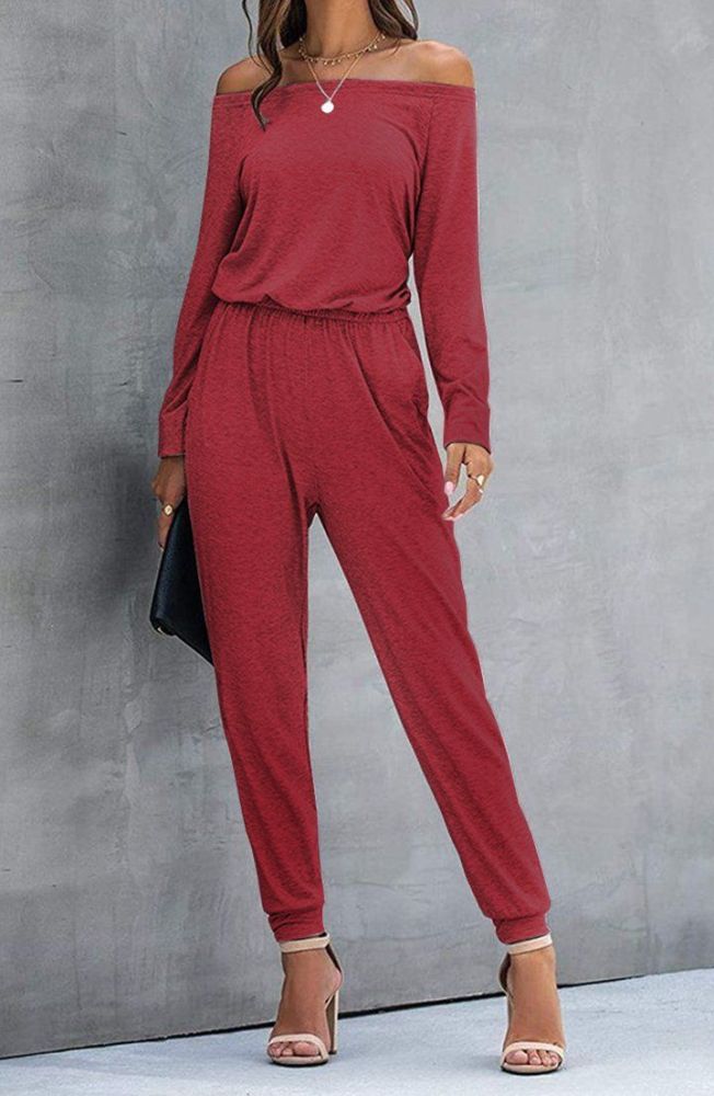 Loose Off Shoulder Elastic Waist Stretchy Jumpsuit