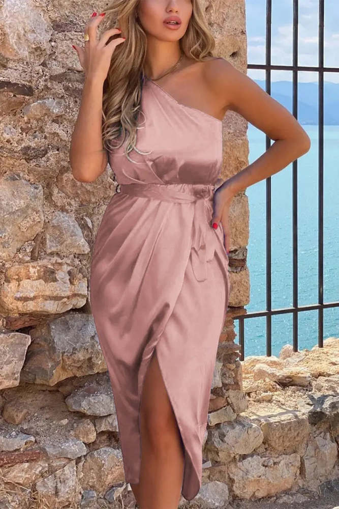 One Shoulder Ruched Midi Dress Belted Party Dress