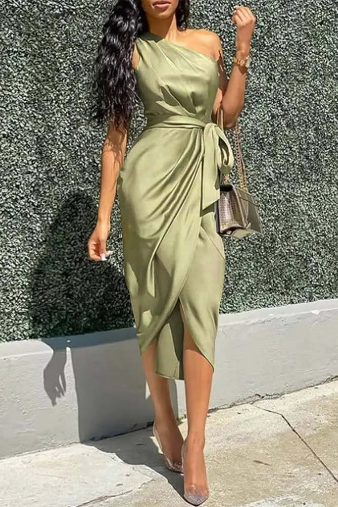 One Shoulder Ruched Midi Dress Belted Party Dress