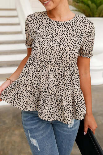 LeopardShort Puff Sleeve Crewneck Babydoll Shirts Peplum Tunic Tops