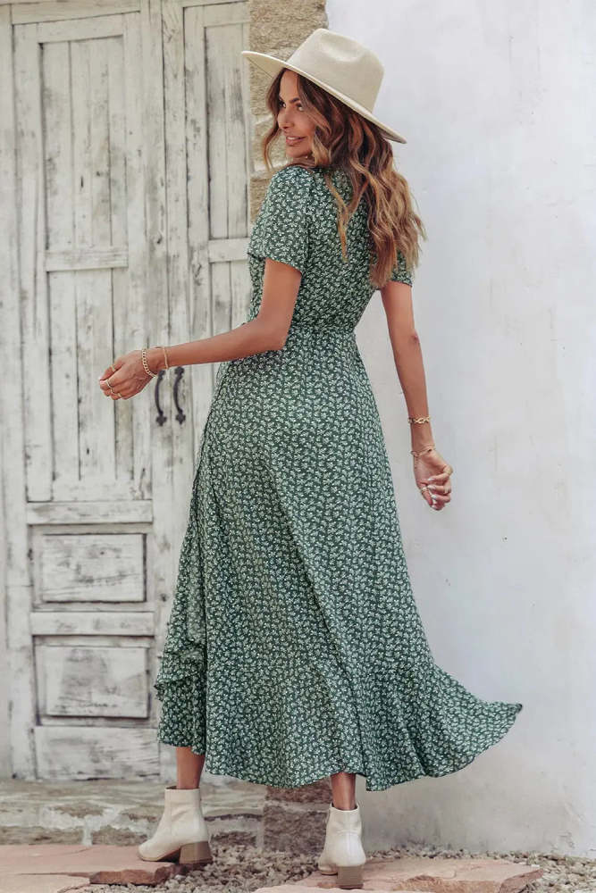 Floral V Neck Short Sleeve Long Dresses