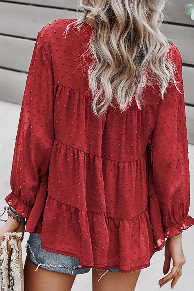 Long Sleeves Crew Neck Chicffon Blouses PomPom Pleated Top