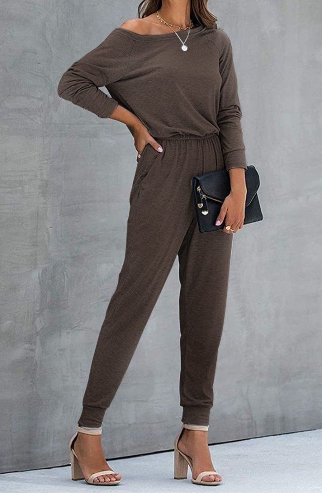 Loose Off Shoulder Elastic Waist Stretchy Jumpsuit