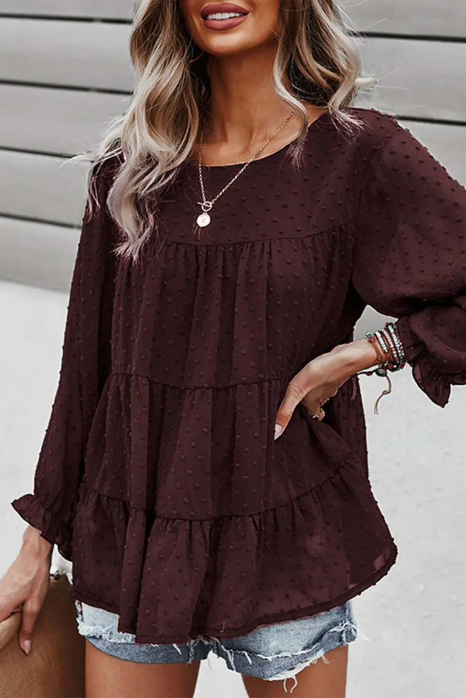 Long Sleeves Crew Neck Chicffon Blouses PomPom Pleated Top