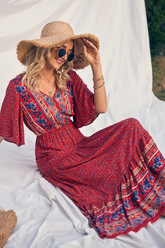 V Neck Summer Boho High Waist Maxi Dresses